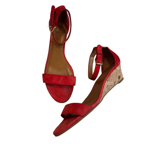 Tory Burch Savannah Wedge Red Suede Sandal, Sz 9.5 - Picture 1 of 16